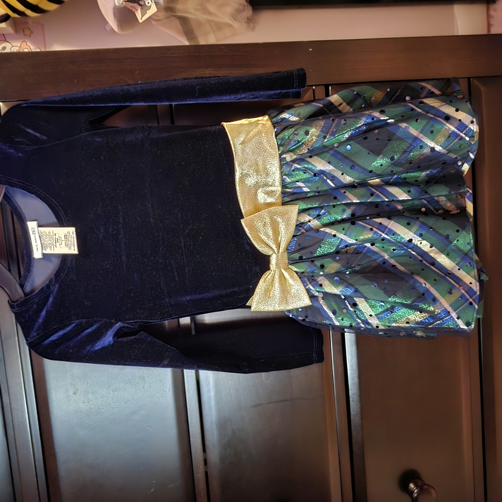 Girls' Velvet Dress with Gold Bow